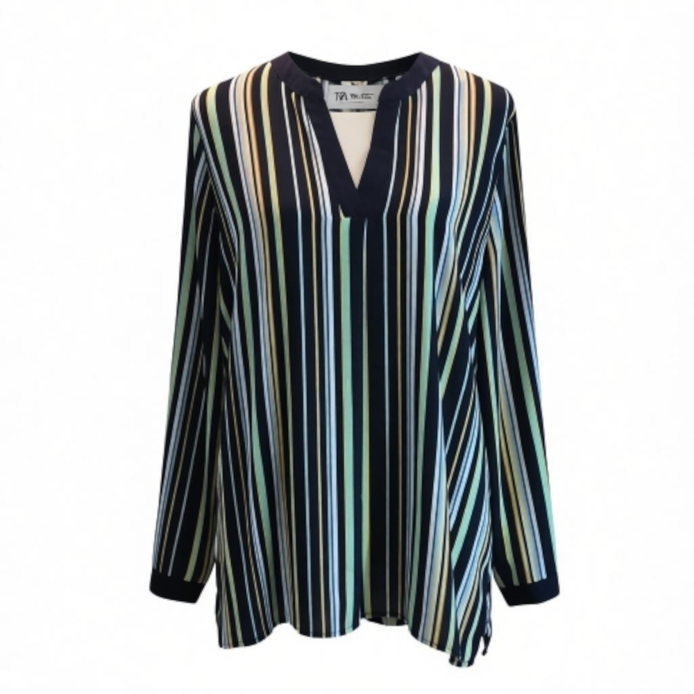 Vince Camuto Women's L Waterlake Striped Split Neck Long Sleeve Blouse